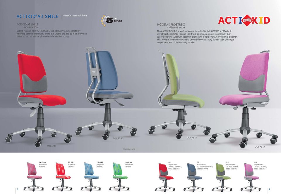 Z původní židle ACTIKID rostoucí konstrukci doplněnou o nový ergonomický tvar zádové opěrky s výrazným bederním prohnutím, z židle FREAKY prvotřídní a elegantní kříž.