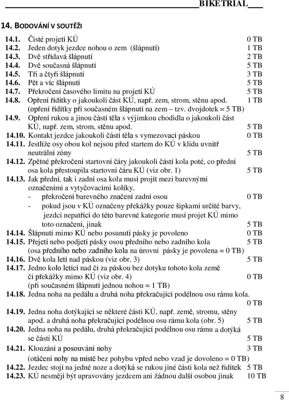 1 TB (opření řídítky při současném šlápnutí na zem tzv. dvojdotek = 5 TB) 14.9. Opření rukou a jinou částí těla s výjimkou chodidla o jakoukoli část KÚ, např. zem, strom, stěnu apod. 5 TB 14.10.