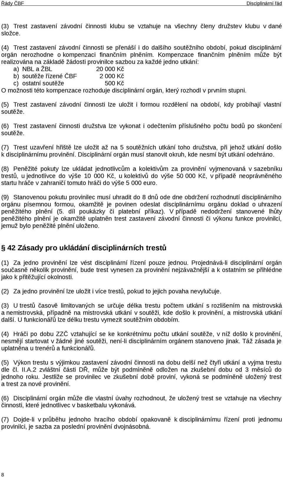 Kompenzace finančním plněním může být realizována na základě žádosti provinilce sazbou za každé jedno utkání: a) NBL a ŽBL 20 000 Kč b) soutěže řízené ČBF 2 000 Kč c) 500 Kč O možnosti této