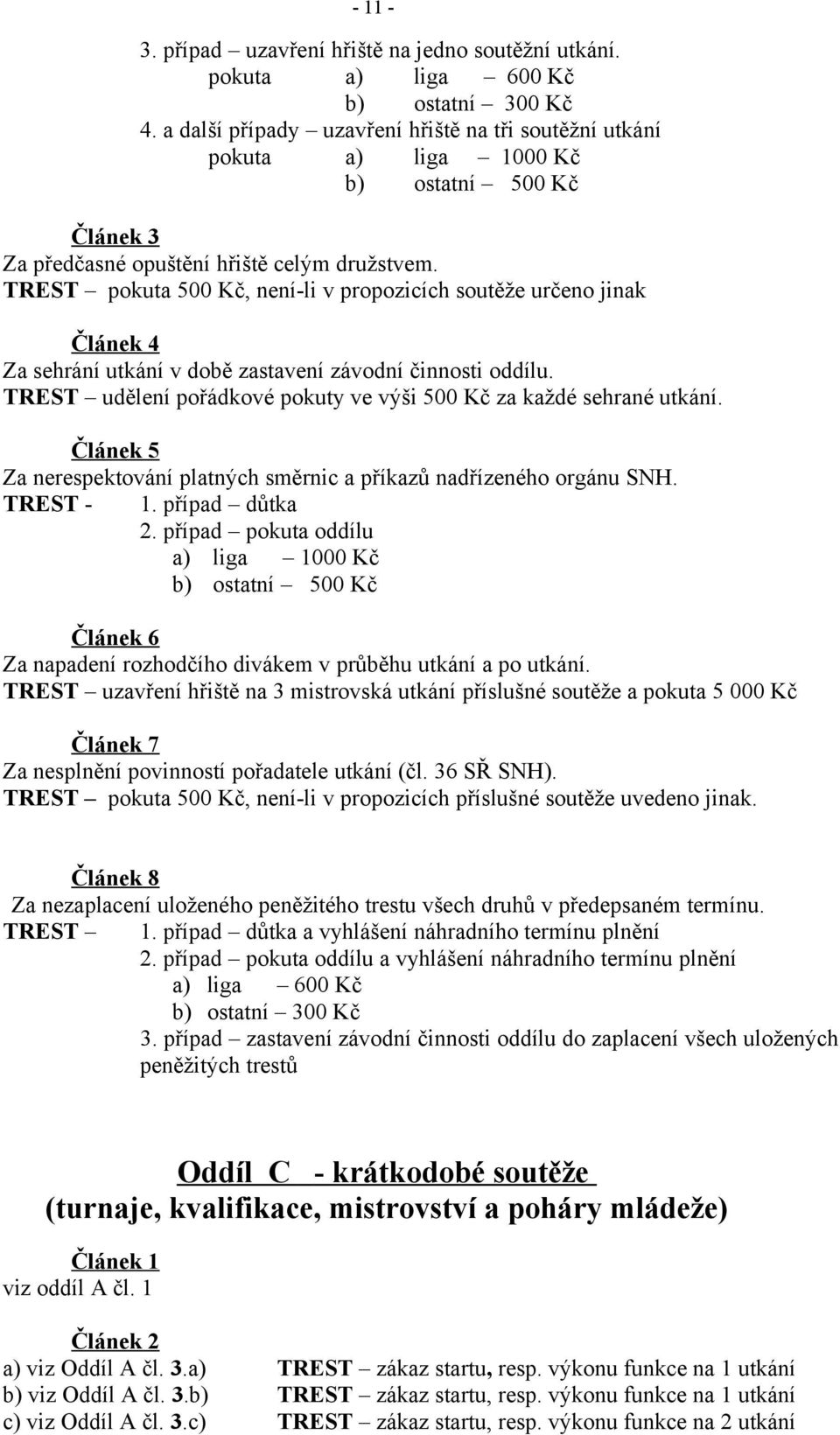 TREST pokuta 500 Kč, není-li v propozicích soutěže určeno jinak Článek 4 Za sehrání utkání v době zastavení závodní činnosti oddílu.