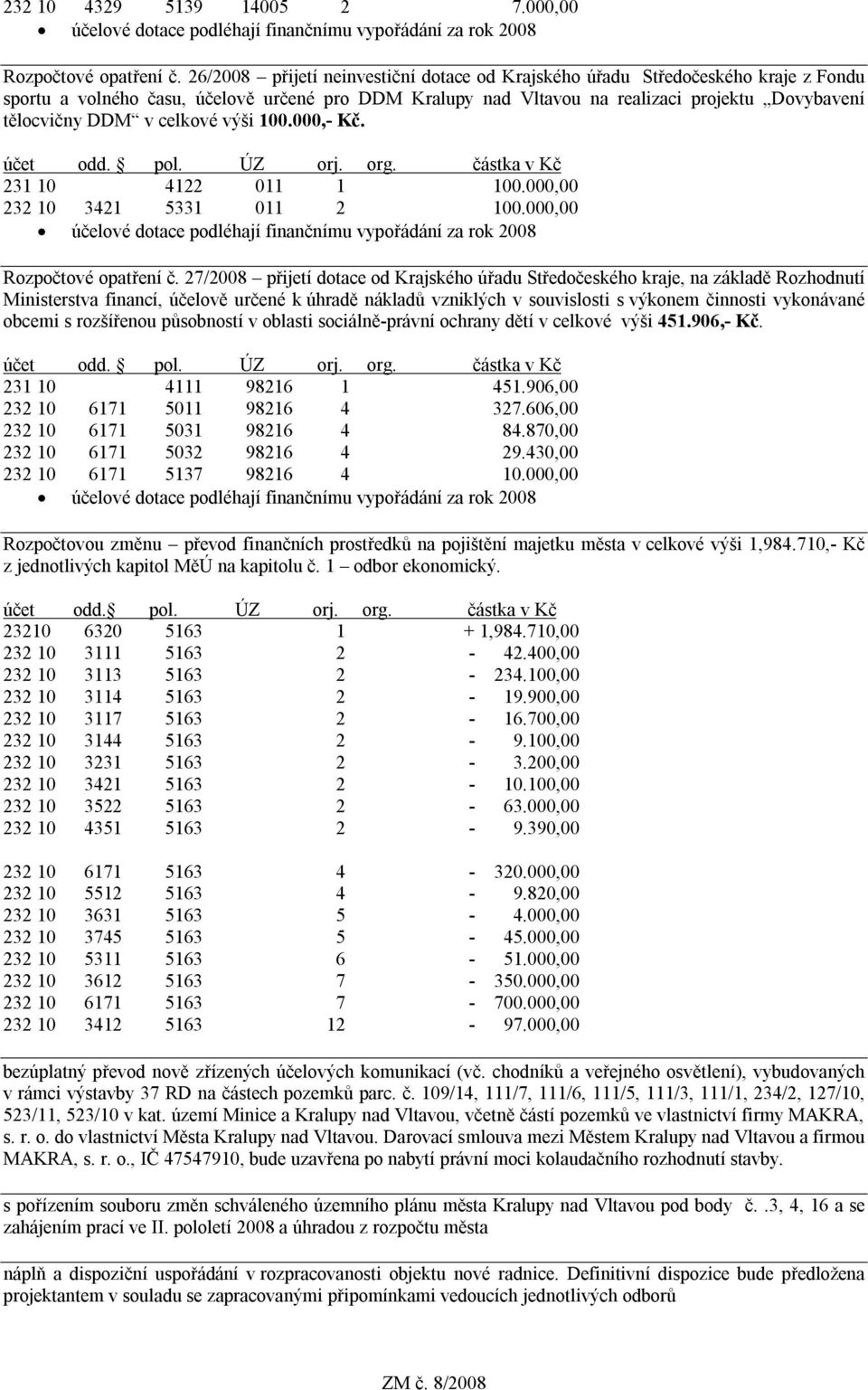 celkové výši 100.000,- Kč. 231 10 4122 011 1 100.000,00 232 10 3421 5331 011 2 100.000,00 Rozpočtové opatření č.