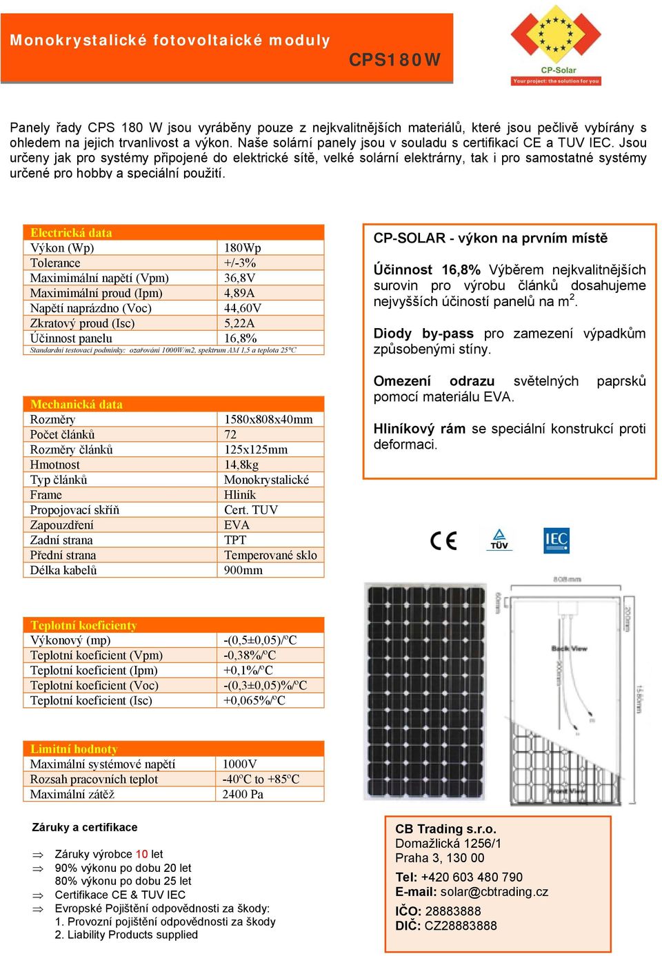 44,60V Zkratový proud (Isc) 5,22A Účinnost panelu 16,8% 1580x808x40mm Počet článků 72 článků 125x125mm 14,8kg