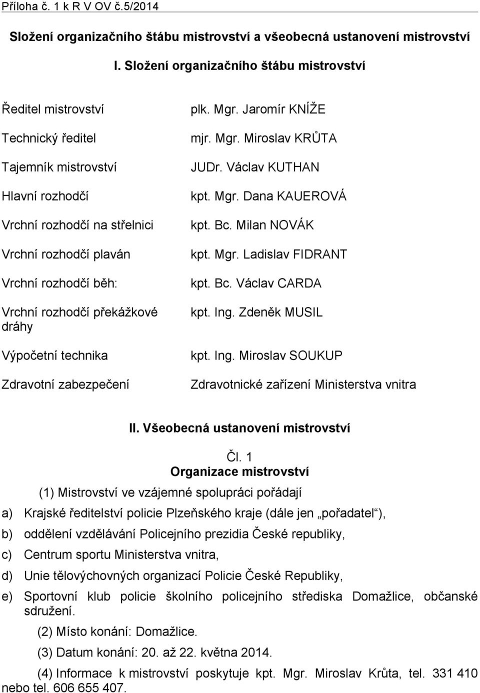 rozhodčí překážkové dráhy Výpočetní technika Zdravotní zabezpečení plk. Mgr. Jaromír KNÍŽE mjr. Mgr. Miroslav KRŮTA JUDr. Václav KUTHAN kpt. Mgr. Dana KAUEROVÁ kpt. Bc. Milan NOVÁK kpt. Mgr. Ladislav FIDRANT kpt.