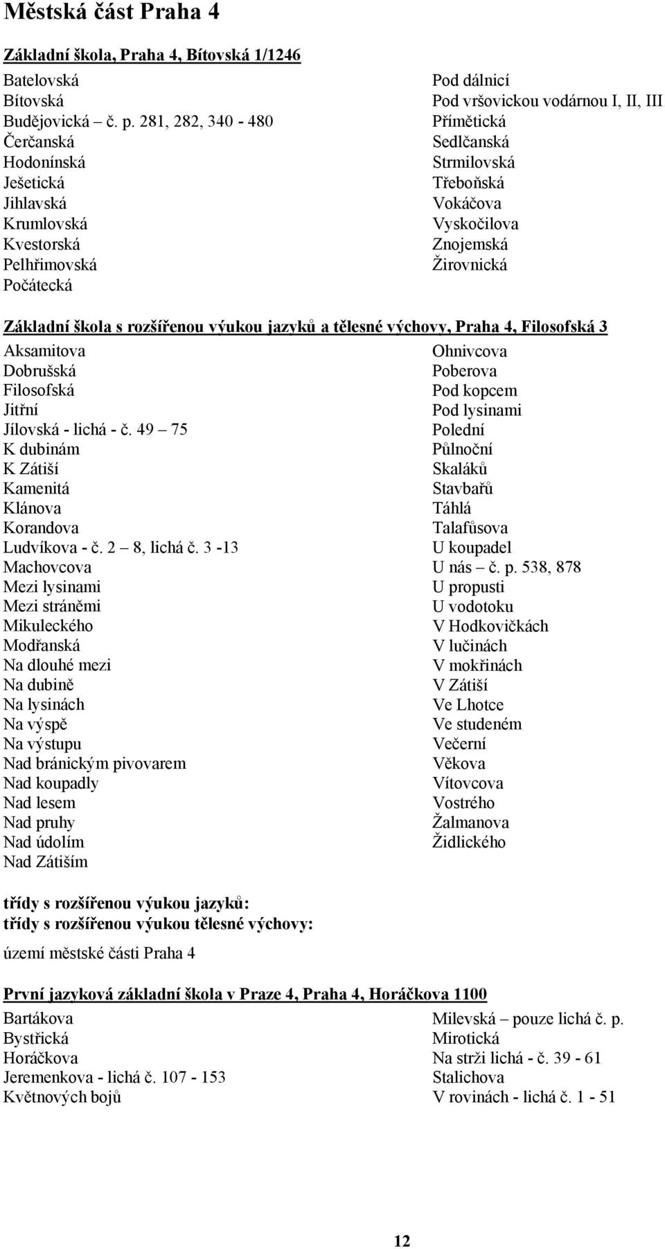 Vokáčova Vyskočilova Znojemská Žirovnická Základní škola s rozšířenou výukou jazyků a tělesné výchovy, Praha 4, Filosofská 3 Aksamitova Dobrušská Filosofská Jitřní Jílovská - lichá - č.