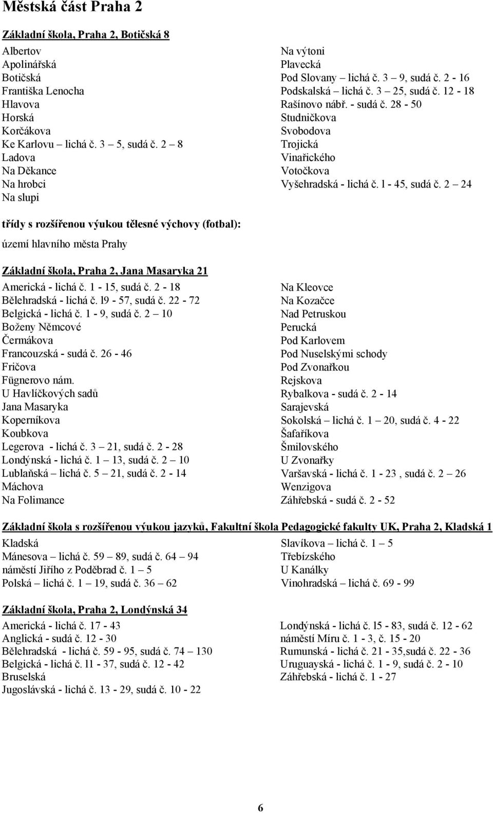 28-50 Studničkova Svobodova Trojická Vinařického Votočkova Vyšehradská - lichá č. l - 45, sudá č.