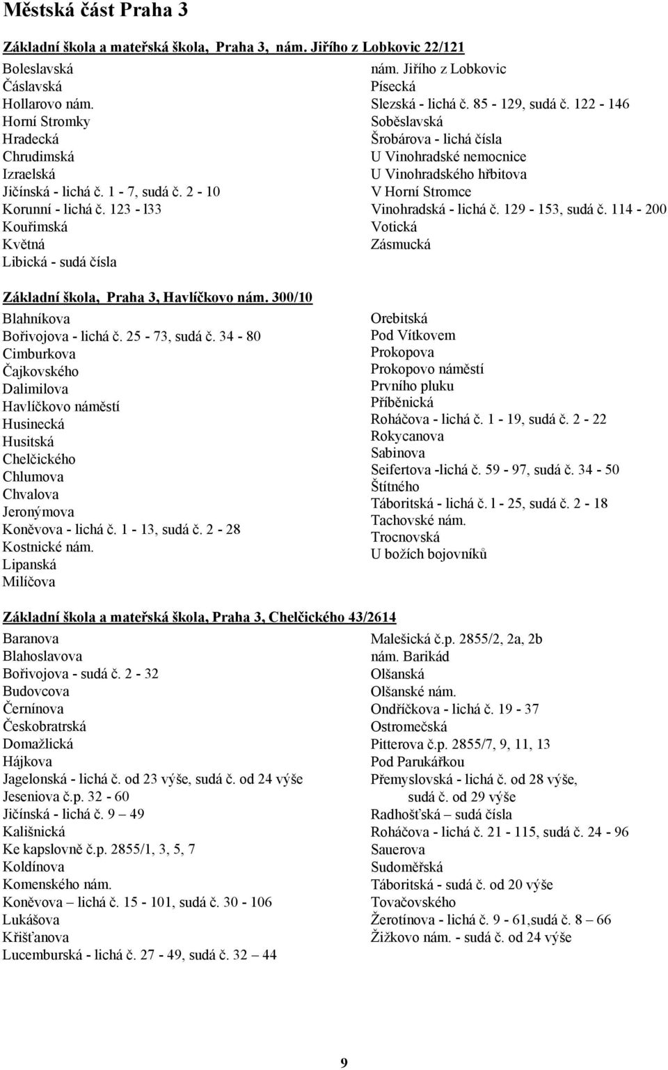 122-146 Soběslavská Šrobárova - lichá čísla U Vinohradské nemocnice U Vinohradského hřbitova V Horní Stromce Vinohradská - lichá č. 129-153, sudá č.