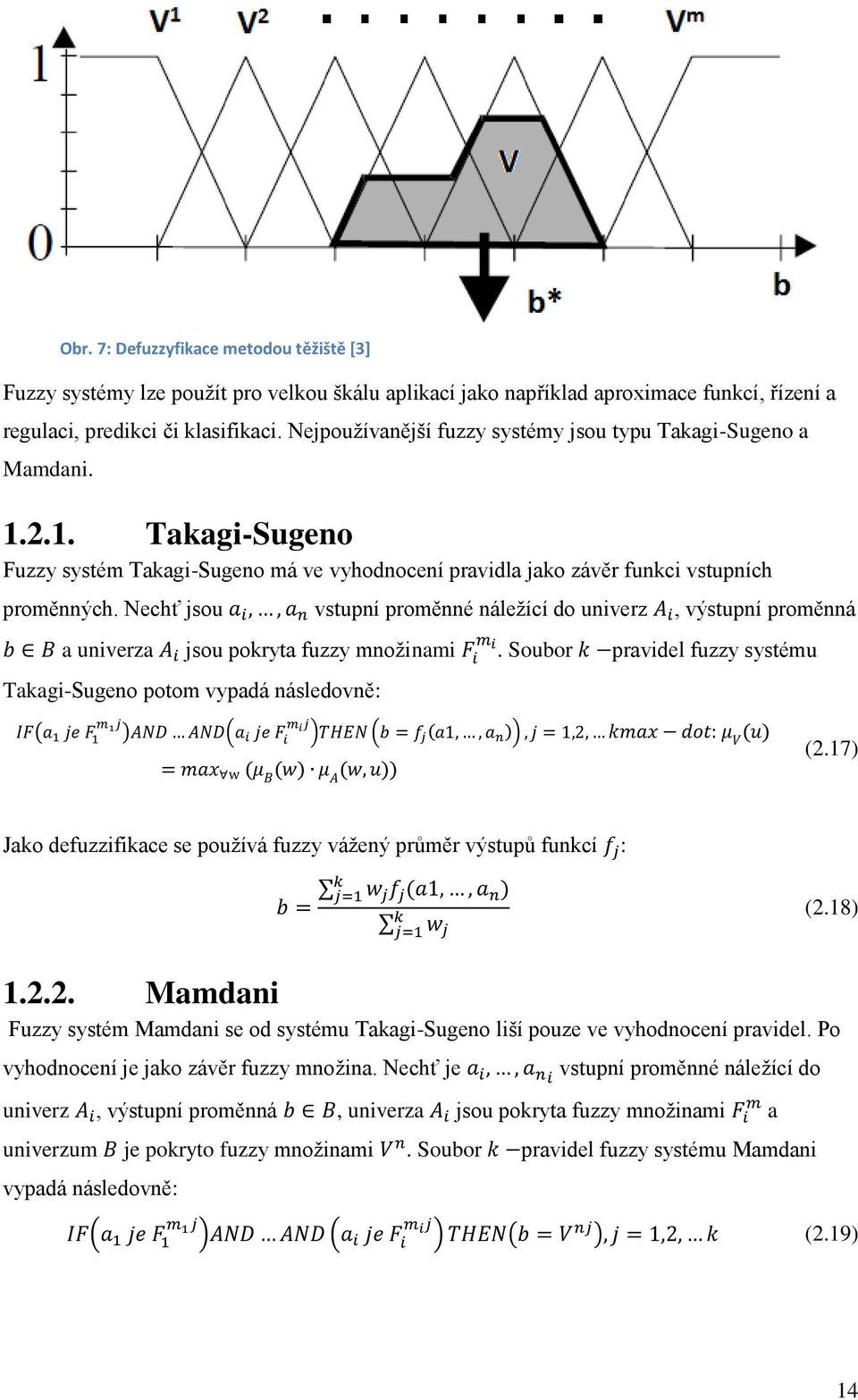 Nechť jsou vstupní proměnné náležící do univerz, výstupní proměnná a univerza jsou pokryta fuzzy množinami. Soubor pravidel fuzzy systému Takagi-Sugeno potom vypadá následovně: (2.