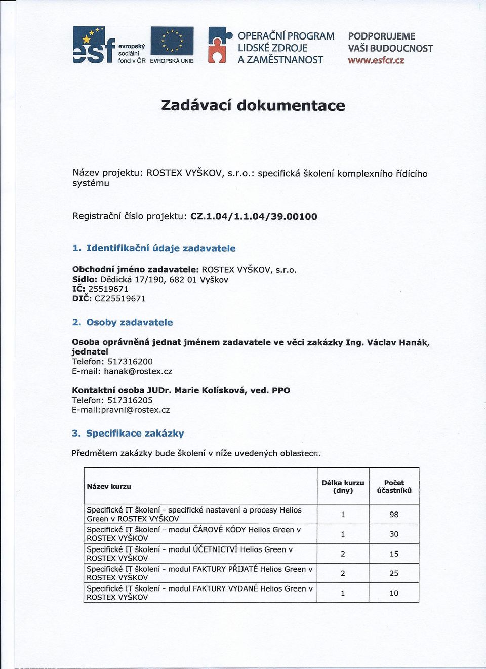 Osoby zadavatele Osoba oprávněná jednat jménem zadavatele ve věci zakázky Ing. Václav Hanák, jednatel Telefon: 517316200 E-mail: hanak@rostex.cz Kontaktní osoba JUDr.