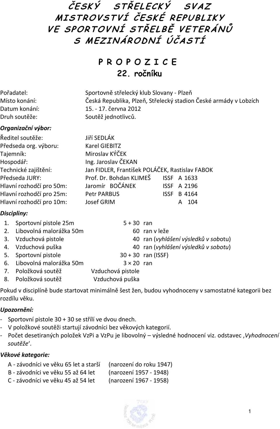 června 2012 Druh soutěže: Soutěž jednotlivců. Organizační výbor: Ředitel soutěže: Jiří SEDLÁK Předseda org. výboru: Karel GIEBITZ Tajemník: Miroslav KÝČEK Hospodář: Ing.