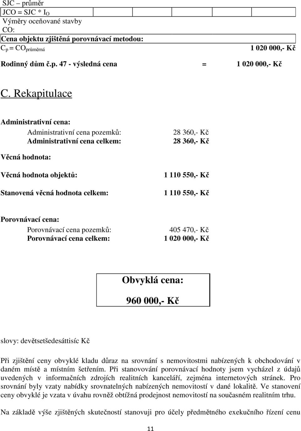 Kč 1 110 550,- Kč Porovnávací cena: Porovnávací cena pozemků: Porovnávací cena celkem: 405 470,- Kč 1 020 000,- Kč Obvyklá cena: 960 000,- Kč slovy: devětsetšedesáttisíc Kč Při zjištění ceny obvyklé