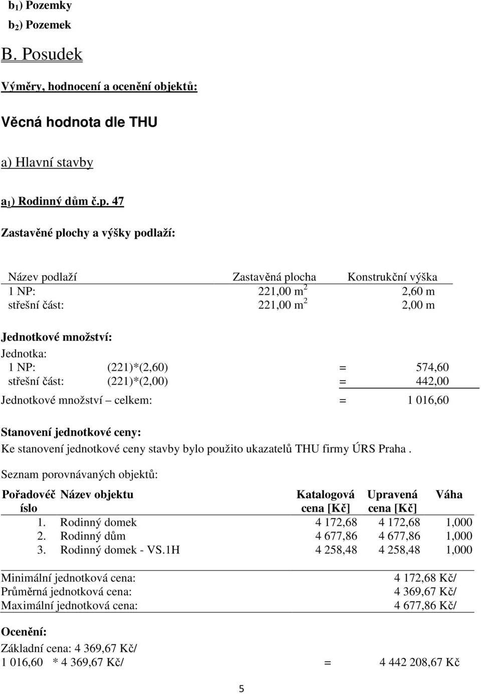 574,60 střešní část: (221)*(2,00) = 442,00 Jednotkové množství celkem: = 1 016,60 Stanovení jednotkové ceny: Ke stanovení jednotkové ceny stavby bylo použito ukazatelů THU firmy ÚRS Praha.