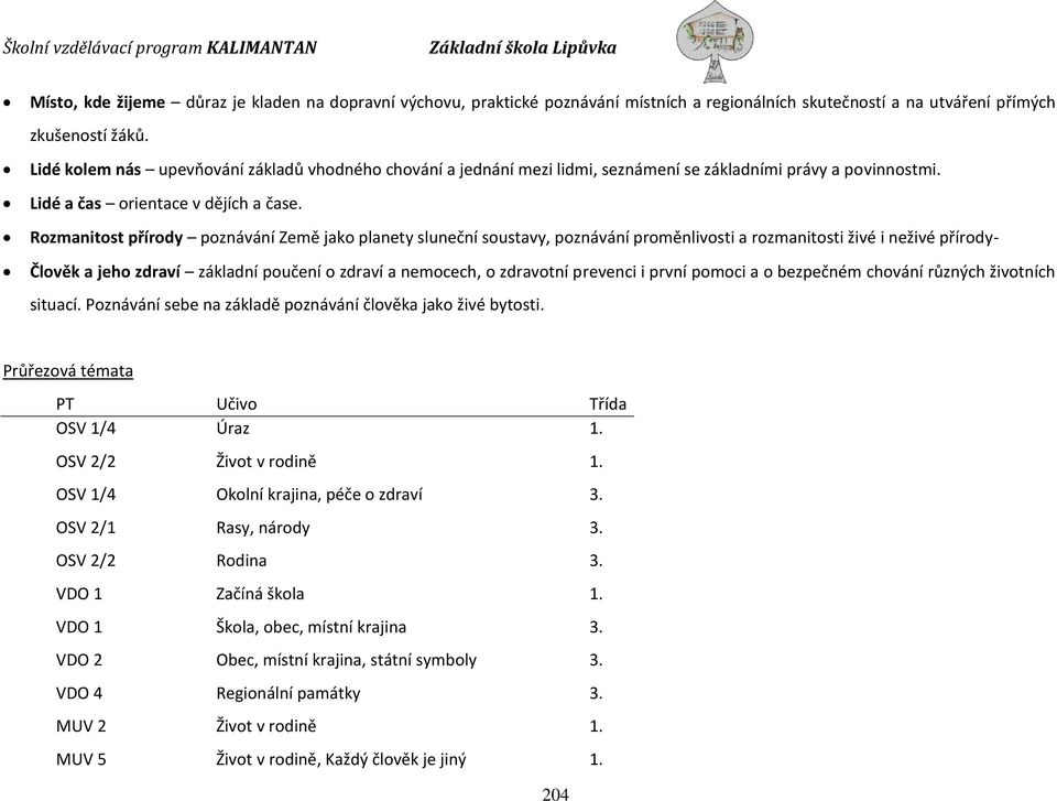 Rozmanitost přírody poznávání Země jako planety sluneční soustavy, poznávání proměnlivosti a rozmanitosti živé i neživé přírody- Člověk a jeho zdraví základní poučení o zdraví a nemocech, o zdravotní