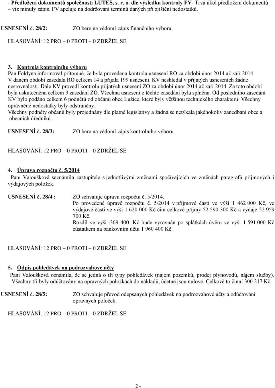 V daném období zasedala RO celkem 14 a přijala 199 usnesení. KV neshledal v přijatých usneseních žádné nesrovnalosti. Dále KV provedl kontrolu přijatých usnesení ZO za období únor 2014 až září 2014.