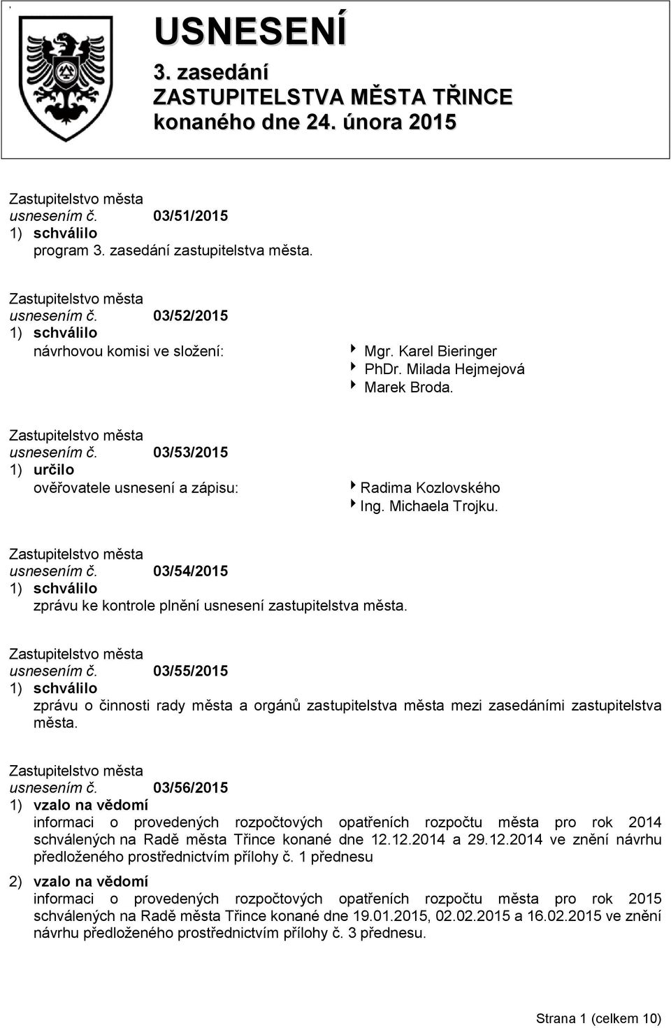 usnesením č. 03/55/2015 zprávu o činnosti rady města a orgánů zastupitelstva města mezi zasedáními zastupitelstva města. usnesením č.