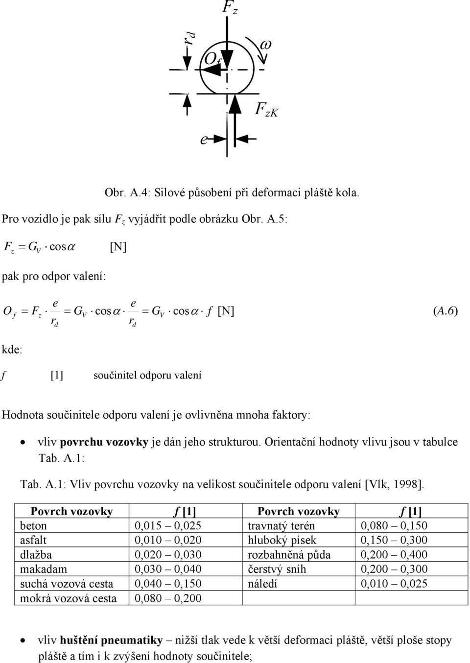 1: Tab. A.1: liv povchu vozovky na velikost součinitele opou valení [lk, 1998].