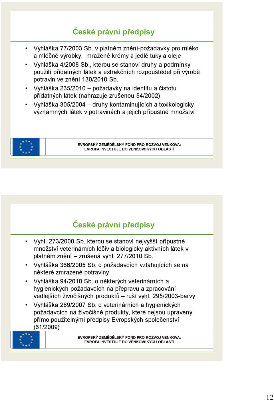 Vyhláška 235/2010 poţadavky na identitu a čistotu přídatných látek (nahrazuje zrušenou 54/2002) Vyhláška 305/2004 druhy kontaminujících a toxikologicky významných látek v potravinách a jejich