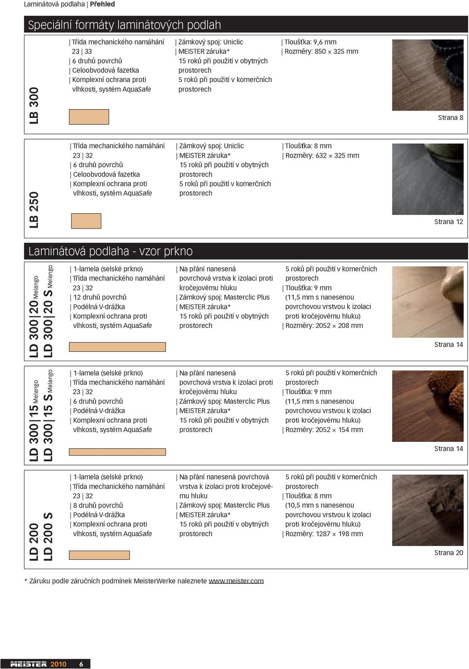 Komplexní ochrana proti vlhkosti, systém AquaSafe Zámkový spoj: Uniclic MEISTER záruka* 15 rok p i pouití v obytných 5 rok p i pouití v komer ních Tlou ka: 8 mm Rozm ry: 632 325 mm Strana 12