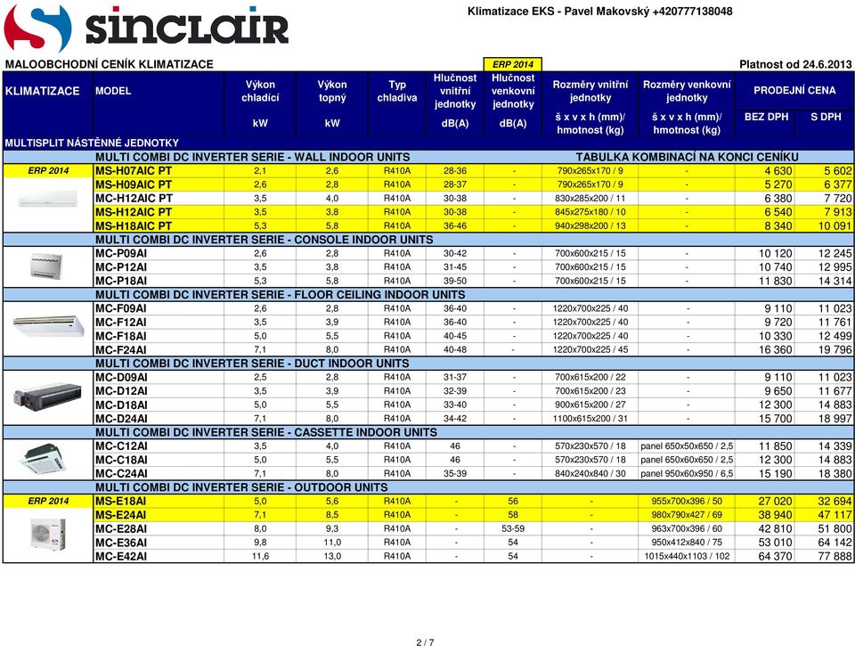 R410A 36-46 - 940x298x200 / 13-8 340 10 091 MULTI COMBI DC INVERTER SERIE - CONSOLE INDOOR UNITS MC-P09AI 2,6 2,8 R410A 30-42 - 700x600x215 / 15-10 120 12 245 MC-P12AI 3,5 3,8 R410A 31-45 -