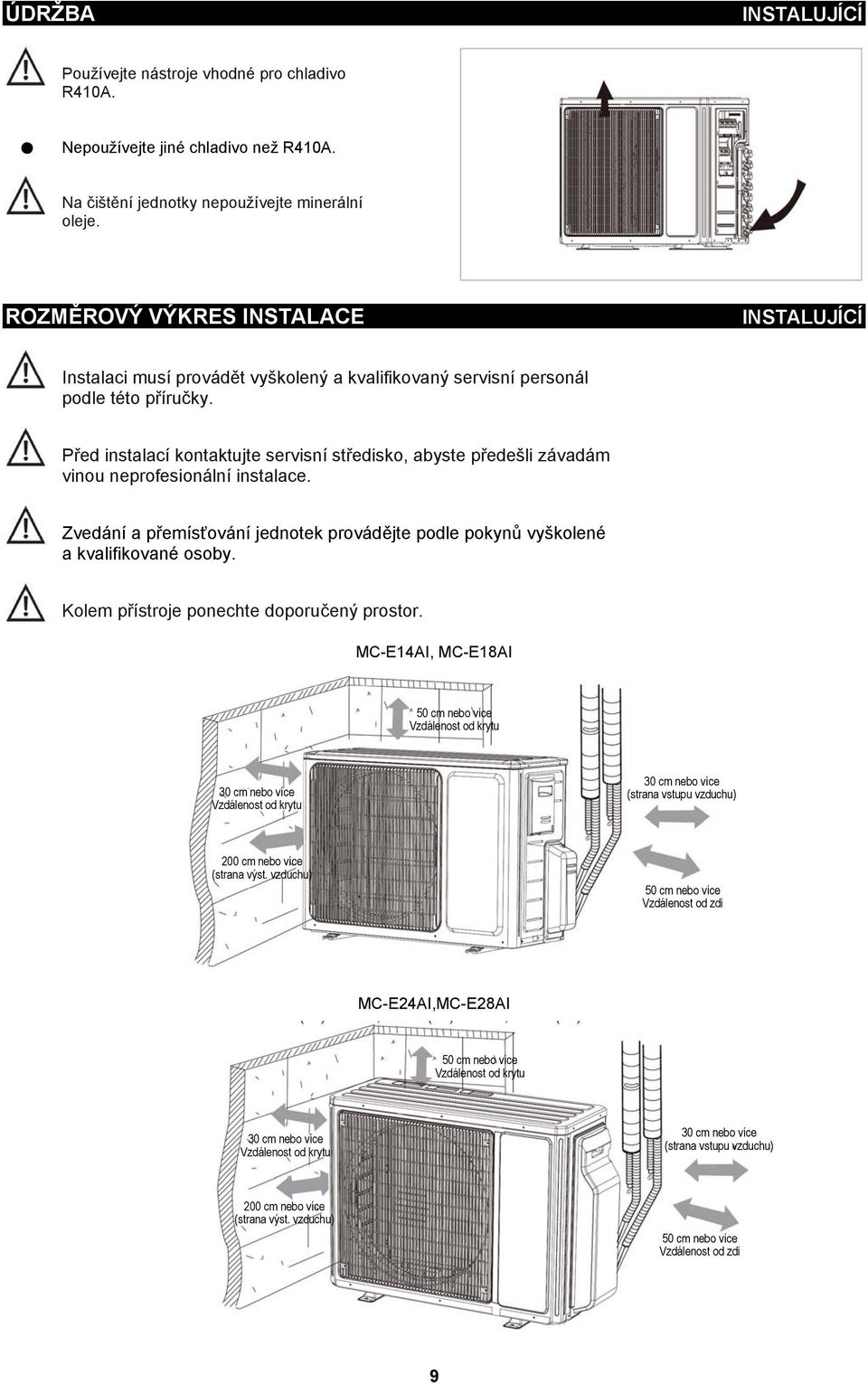 Před instalací kontaktujte servisní středisko, abyste předešli závadám vinou neprofesionální instalace. Zvedání a přemísťování jednotek provádějte podle pokynů vyškolené a kvalifikované osoby.