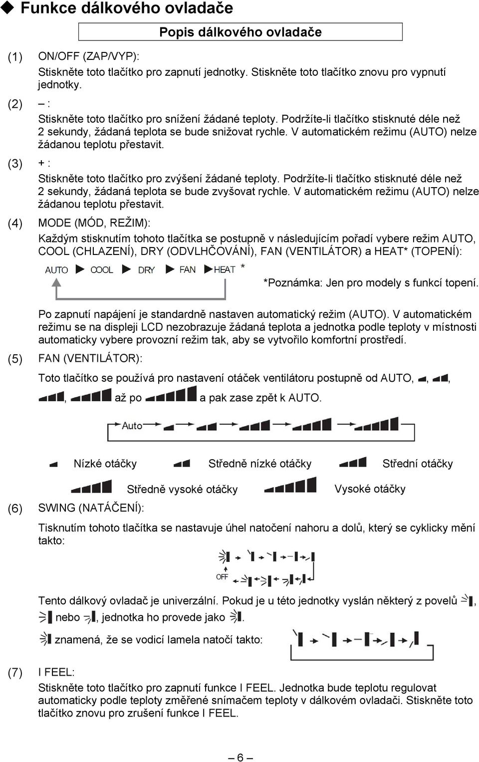 V automatickém režimu (AUTO) nelze žádanou teplotu přestavit. (3) + : Stiskněte toto tlačítko pro zvýšení žádané teploty.