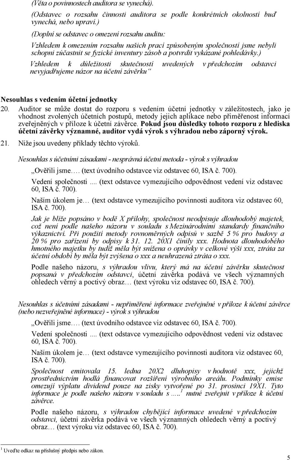 ) Vzhledem k důležitosti skutečností uvedených v předchozím odstavci nevyjadřujeme názor na účetní závěrku Nesouhlas s vedením účetní jednotky 20.