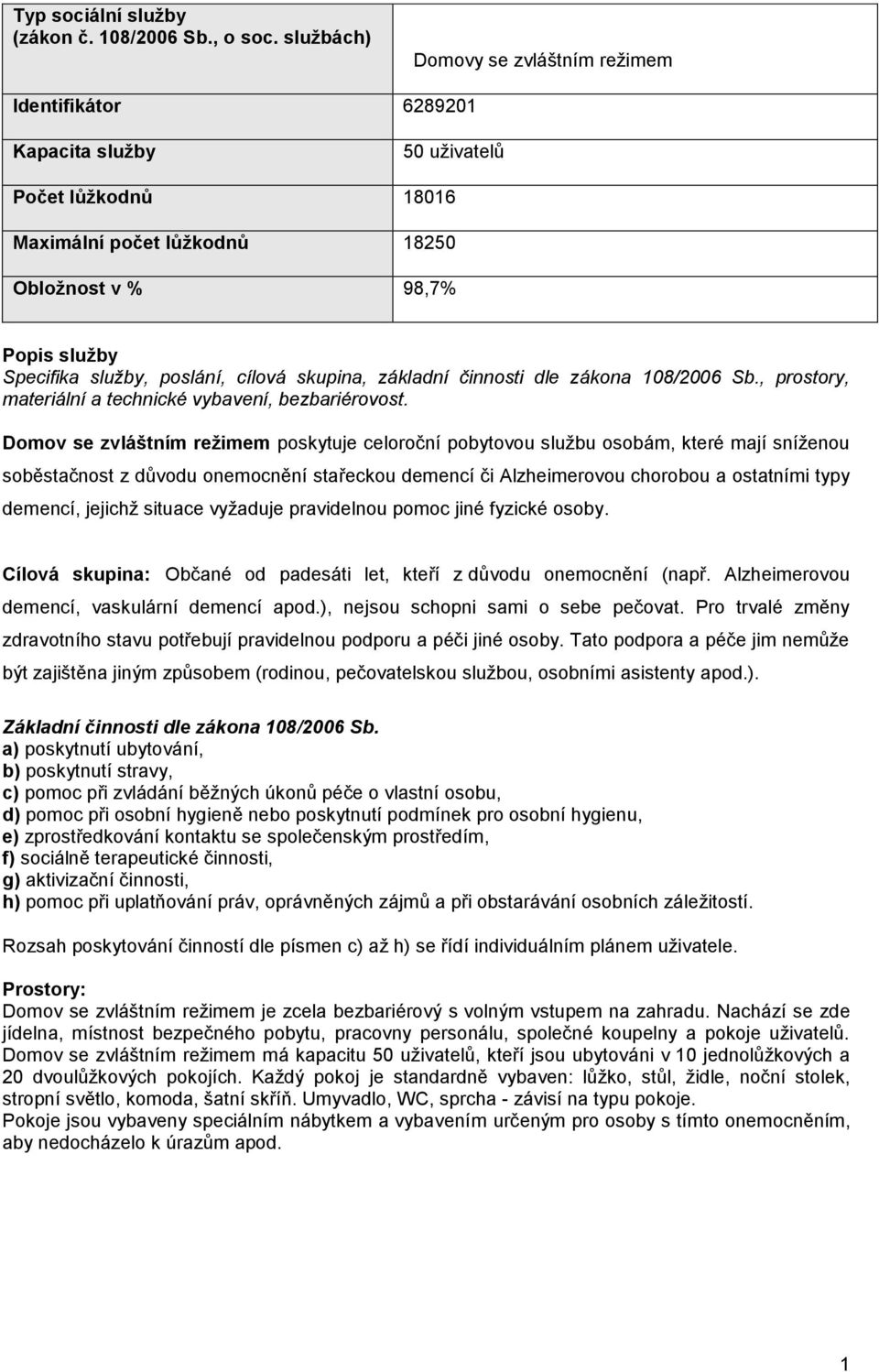 poslání, cílová skupina, základní činnosti dle zákona 108/2006 Sb., prostory, materiální a technické vybavení, bezbariérovost.