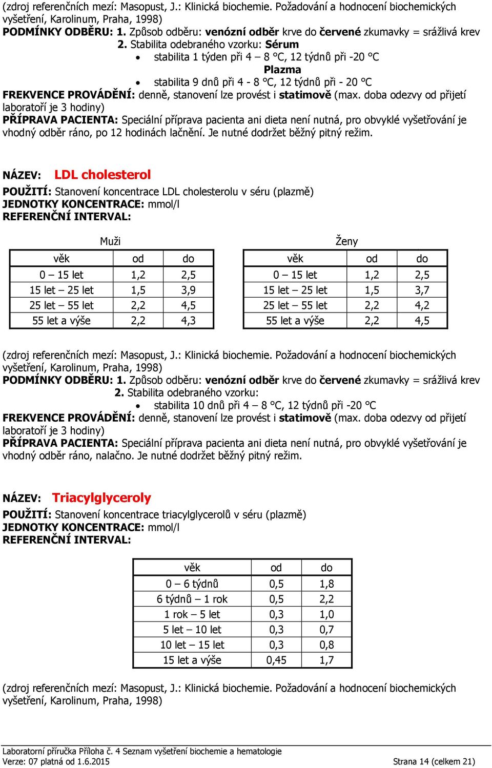 3,7 25 let 55 let 2,2 4,5 25 let 55 let 2,2 4,2 55 let a výše 2,2 4,3 55 let a výše 2,2 4,5 stabilita 10 dnů při 4 8 C, 12 týdnů při -20 C NÁZEV: Triacylglyceroly POUŽITÍ: Stanovení koncentrace