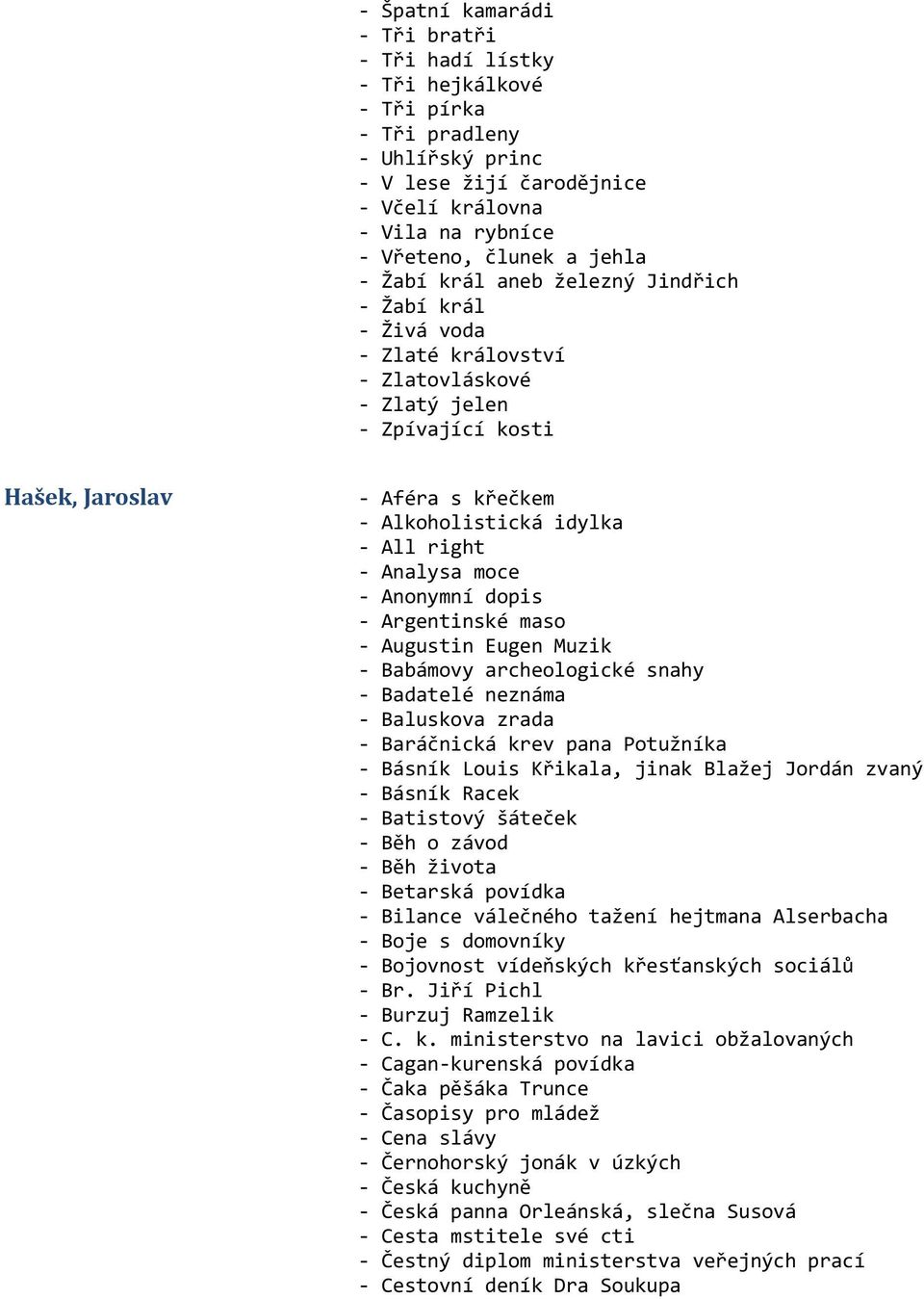 Analysa moce - Anonymní dopis - Argentinské maso - Augustin Eugen Muzik - Babámovy archeologické snahy - Badatelé neznáma - Baluskova zrada - Baráčnická krev pana Potužníka - Básník Louis Křikala,