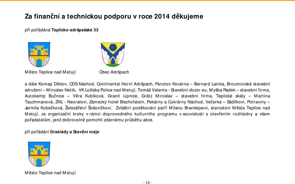 eu, Myška Radek stavební firma, Autokemp Bučnice Věra Kubíková, Granit Lipnice, Grätz Miroslav stavební firma, Teplické skály Martina Tauchmanová, ZNL - Neoralovi, Zámecký hotel Bischofstein, Pekárny