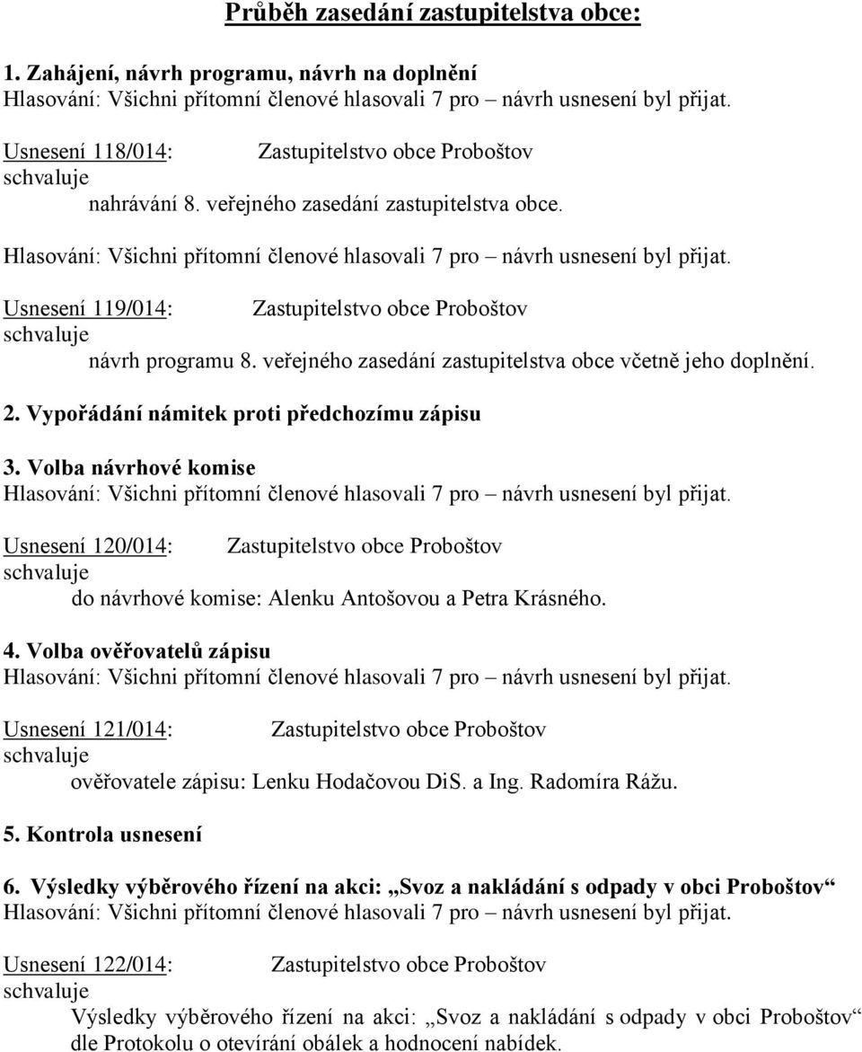 Volba návrhové komise Usnesení 120/014: Zastupitelstvo obce Proboštov do návrhové komise: Alenku Antošovou a Petra Krásného. 4.