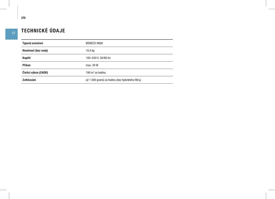 BONECO H680 10,4 kg 100 240 V, 50/60 Hz max.