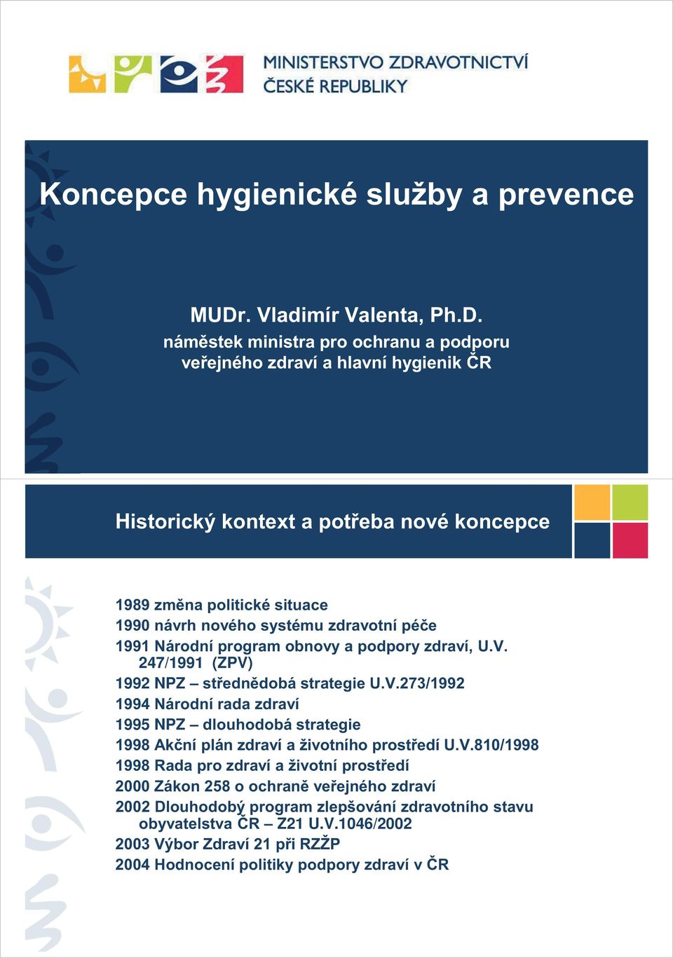 náměstek ministra pro ochranu a podporu veřejného zdraví a hlavní hygienik ČR Historický kontext a potřeba nové koncepce 1989 změna politické situace 1990 návrh nového systému