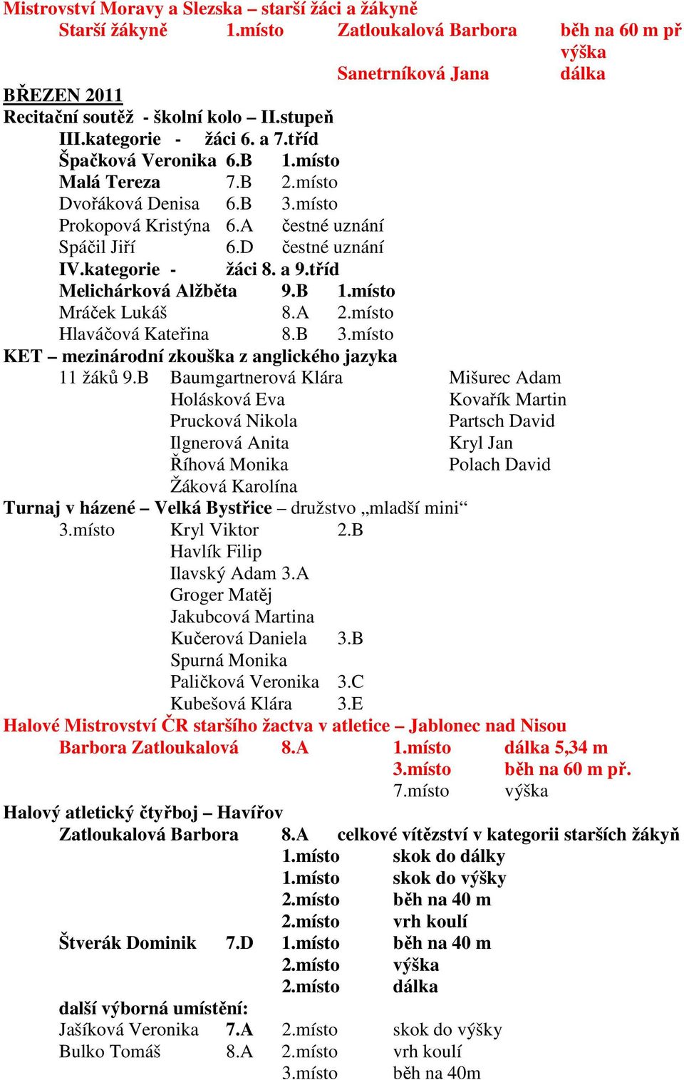 kategorie - žáci 8. a 9.tříd Melichárková Alžběta 9.B 1.místo Mráček Lukáš 8.A 2.místo Hlaváčová Kateřina 8.B 3.místo KET mezinárodní zkouška z anglického jazyka 11 žáků 9.