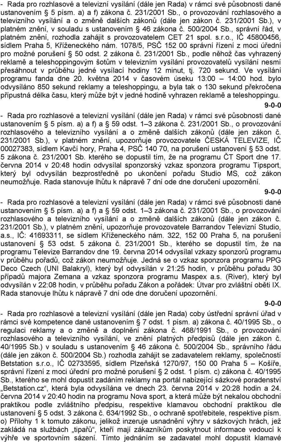 , správní řád, v platném znění, rozhodla zahájit s provozovatelem CET 21 spol. s.r.o., IČ 45800456, sídlem Praha 5, Kříženeckého nám.