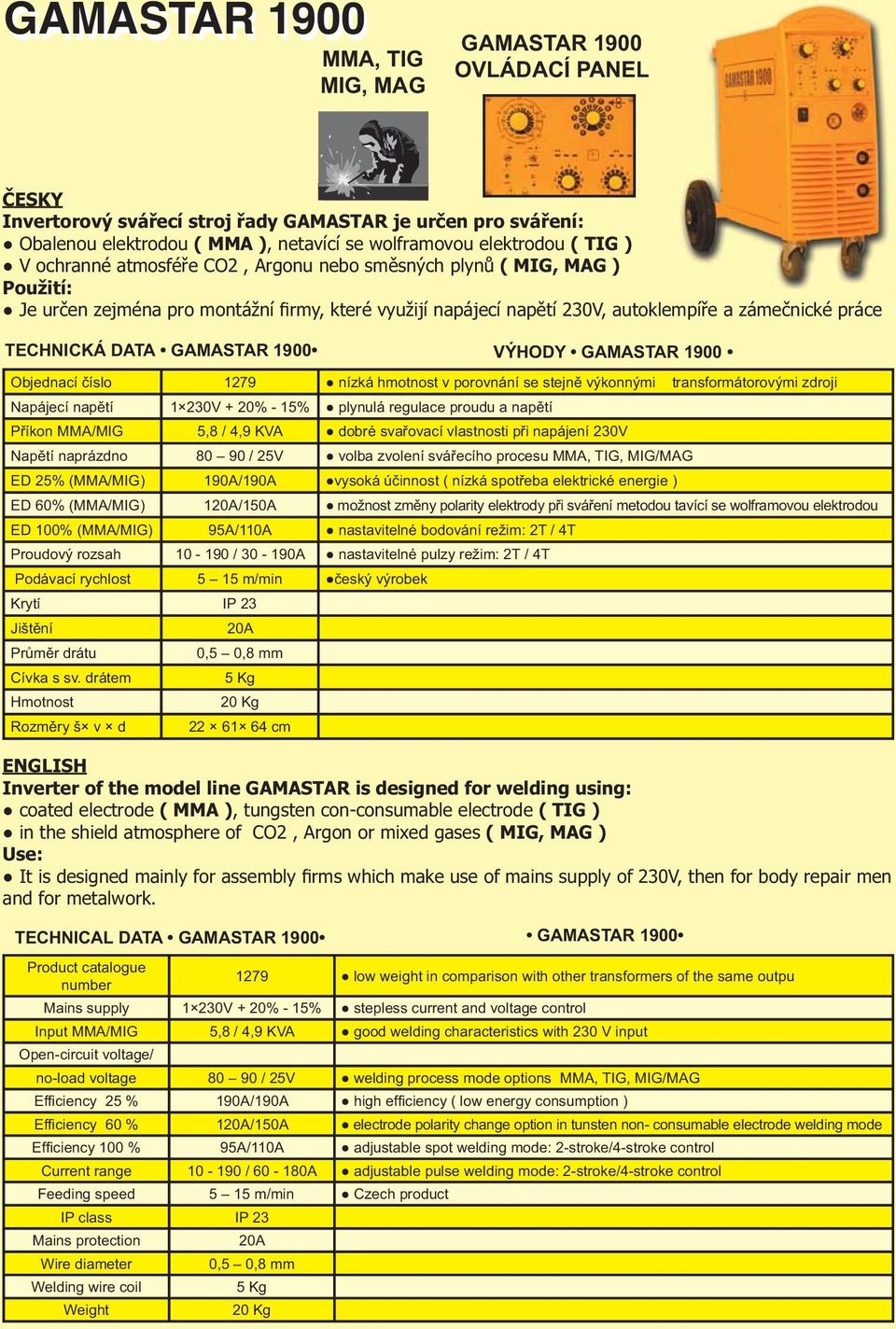 GAMASTAR 1900 Objednací číslo 1279 nízká hmotnost v porovnání se stejně výkonnými transformátorovými zdroji Napájecí napětí 1 230V + 20% - 15% plynulá regulace proudu a napětí Příkon MMA/MIG 5,8 /