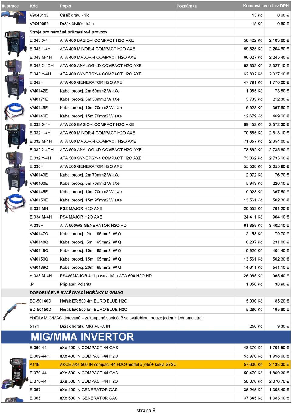 042H ATA 400 GENERATOR H2O AXE 47 791 Kč 1 770,00 VM0142E Kabel propoj. 2m 50mm2 W axe 1 985 Kč 73,50 VM0171E Kabel propoj. 5m 50mm2 W axe 5 733 Kč 212,30 VM0145E Kabel propoj.