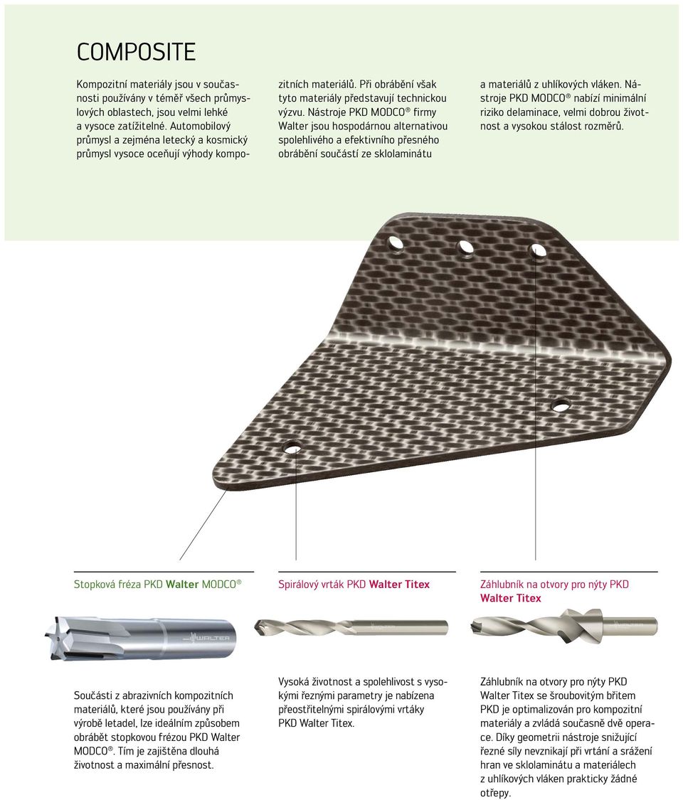 Nástroje PKD MODCO firmy Walter jsou hospodárnou alternativou spolehlivého a efektivního přesného obrábění součástí ze sklolaminátu a materiálů z uhlíkových vláken.