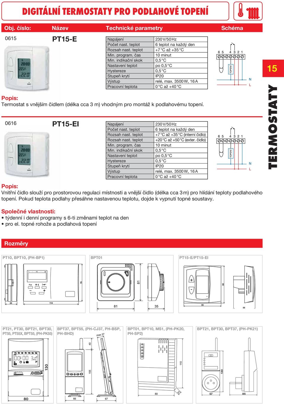 3500 W, 16 A Pracovní teplota 0 C až +40 C Termostat s vnějším čidlem (délka cca 3 m) vhodným pro montáž k podlahovému topení. PT15-EI Počet nast. teplot 6 teplot na každý den Rozsah nast.