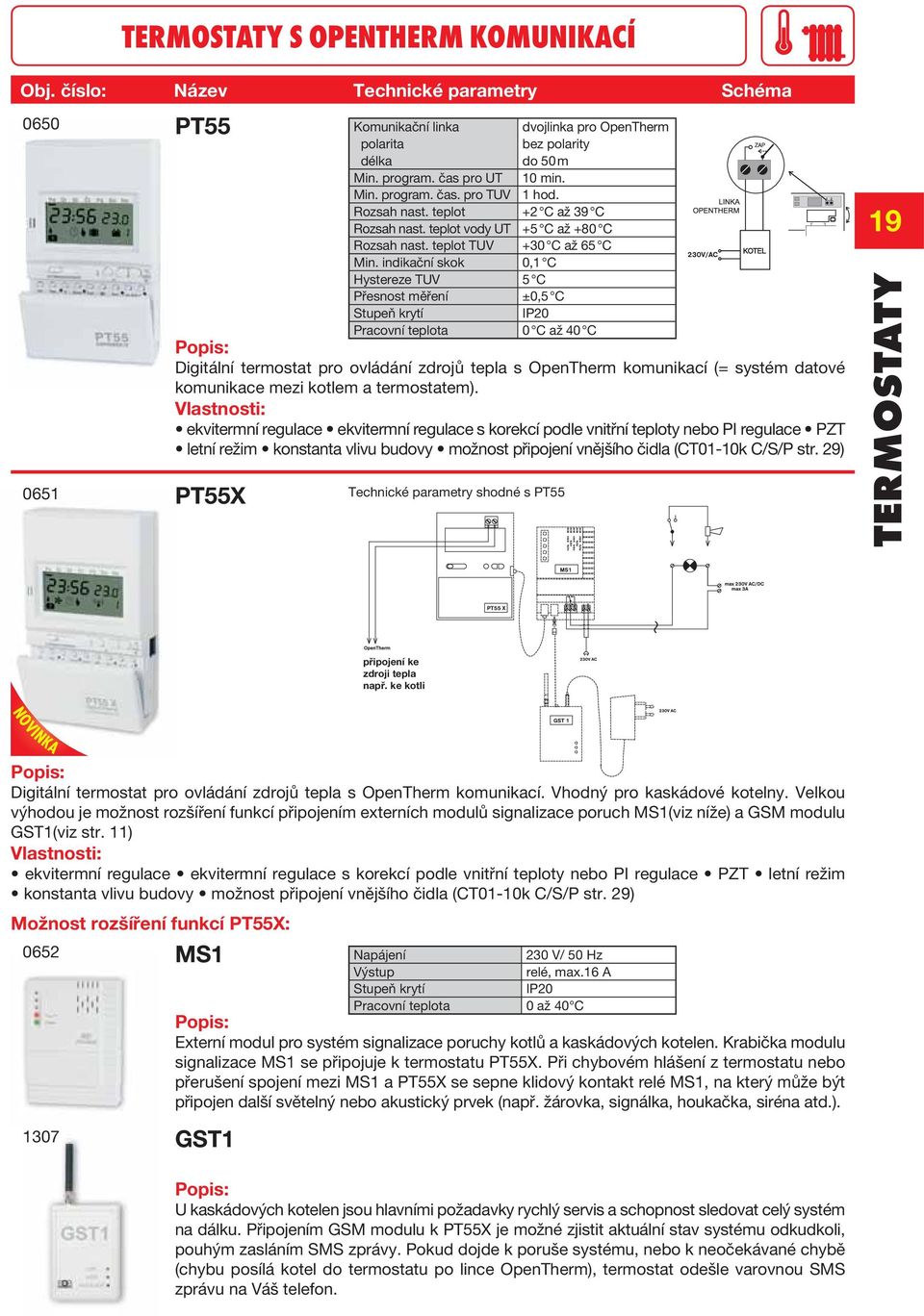 indikační skok 0,1 C Hystereze TUV 5 C Přesnost měření ±0,5 C Pracovní teplota 0 C až 40 C 0651 PT55 Digitální termostat pro ovládání zdrojů tepla s OpenTherm komunikací (= systém datové komunikace