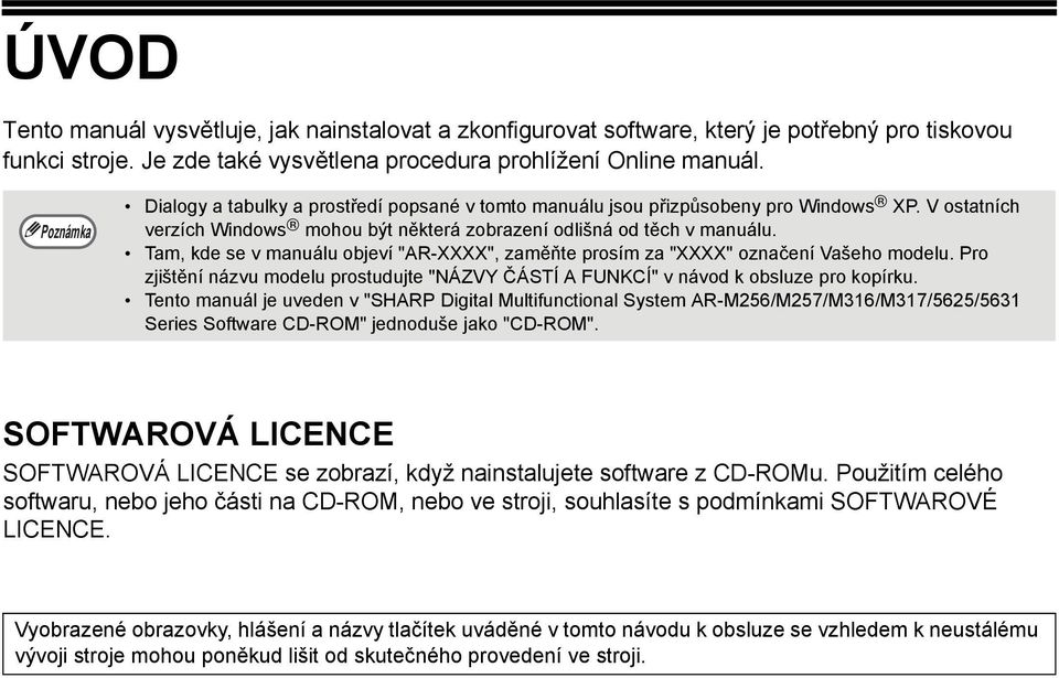 Tam, kde se v manuálu objeví "AR-XXXX", zaměňte prosím za "XXXX" označení Vašeho modelu. Pro zjištění názvu modelu prostudujte "NÁZVY ČÁSTÍ A FUNKCÍ" v návod k obsluze pro kopírku.