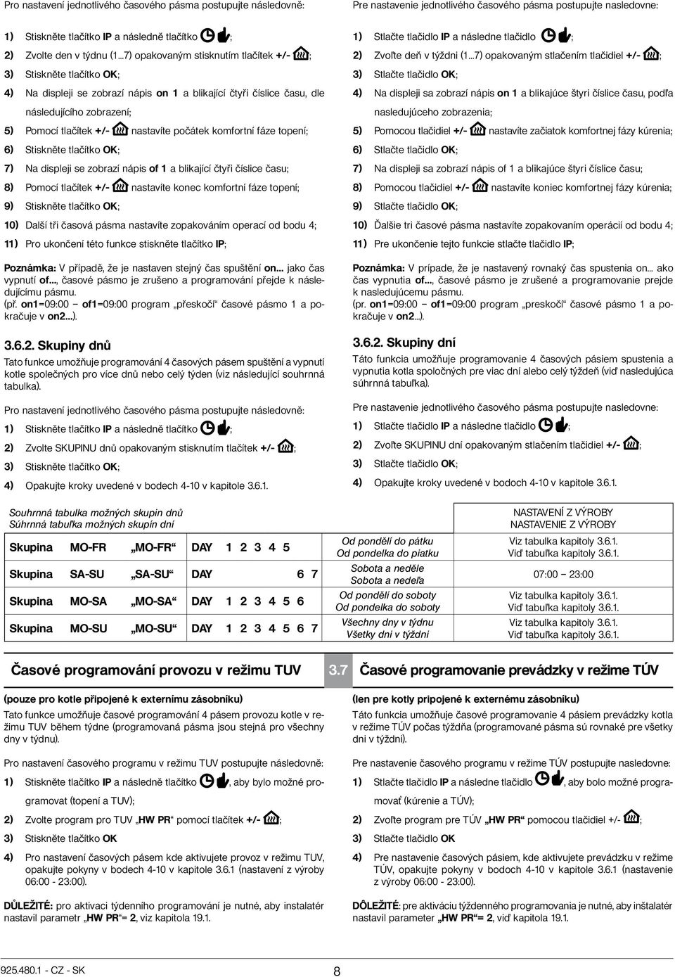 počátek komfortní fáze topení; 6) Stiskněte tlačítko OK; 7) Na displeji se zobrazí nápis of 1 a blikající čtyři číslice času; 8) Pomocí tlačítek +/- nastavíte konec komfortní fáze topení; 9)