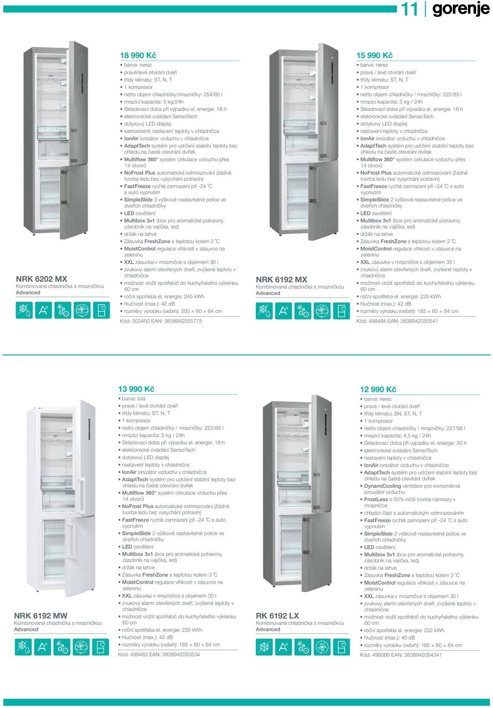 přes 14 otvorů NoFrost Plus automatické odmrazování (žádná tvorba ledu bez vysychání potravin) FastFreeze rychlé zamrazení při -24 C s auto SimpleSlide 3 výškově nastavitelné police ve dveřích