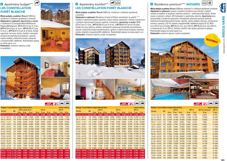 a APT-8 (47 m ) pro 6 8 osob. Každý apartmán má svou lnárnu, balkón a komplet zařízený kuchyňský kout (lednice, sporák, myčka nádobí, elektrická trouba, kávovar) a koupelna/wc oddělené.