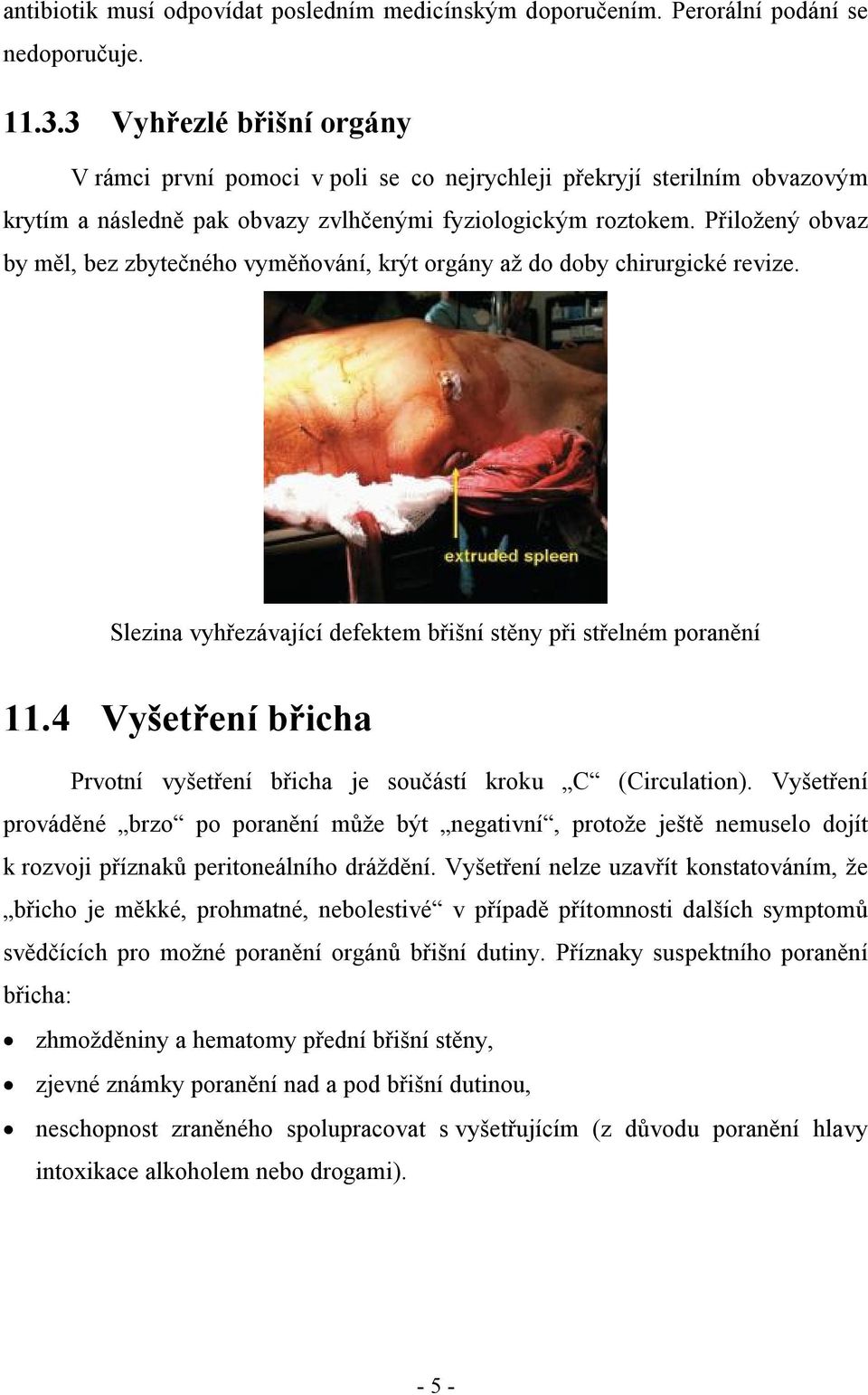 Přiložený obvaz by měl, bez zbytečného vyměňování, krýt orgány až do doby chirurgické revize. Slezina vyhřezávající defektem břišní stěny při střelném poranění 11.