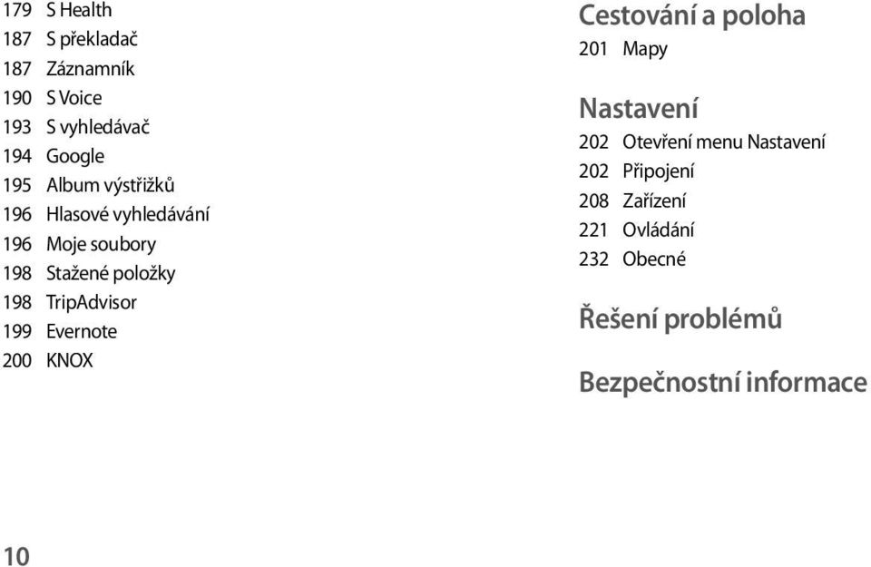TripAdvisor 199 Evernote 200 KNOX Cestování a poloha 201 Mapy Nastavení 202 Otevření menu