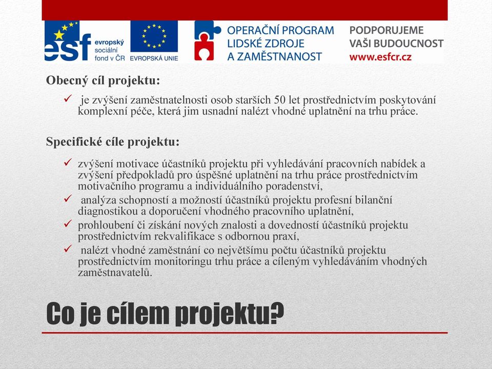 individuálního poradenství, analýza schopností a možností účastníků projektu profesní bilanční diagnostikou a doporučení vhodného pracovního uplatnění, prohloubení či získání nových znalosti a