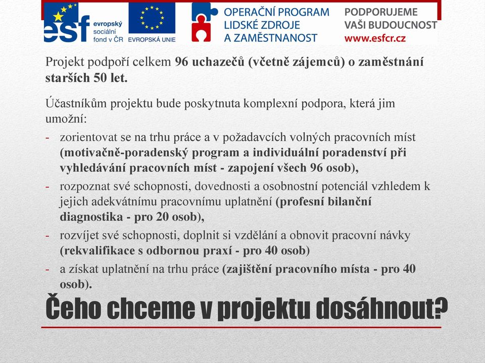 individuální poradenství při vyhledávání pracovních míst - zapojení všech 96 osob), - rozpoznat své schopnosti, dovednosti a osobnostní potenciál vzhledem k jejich adekvátnímu