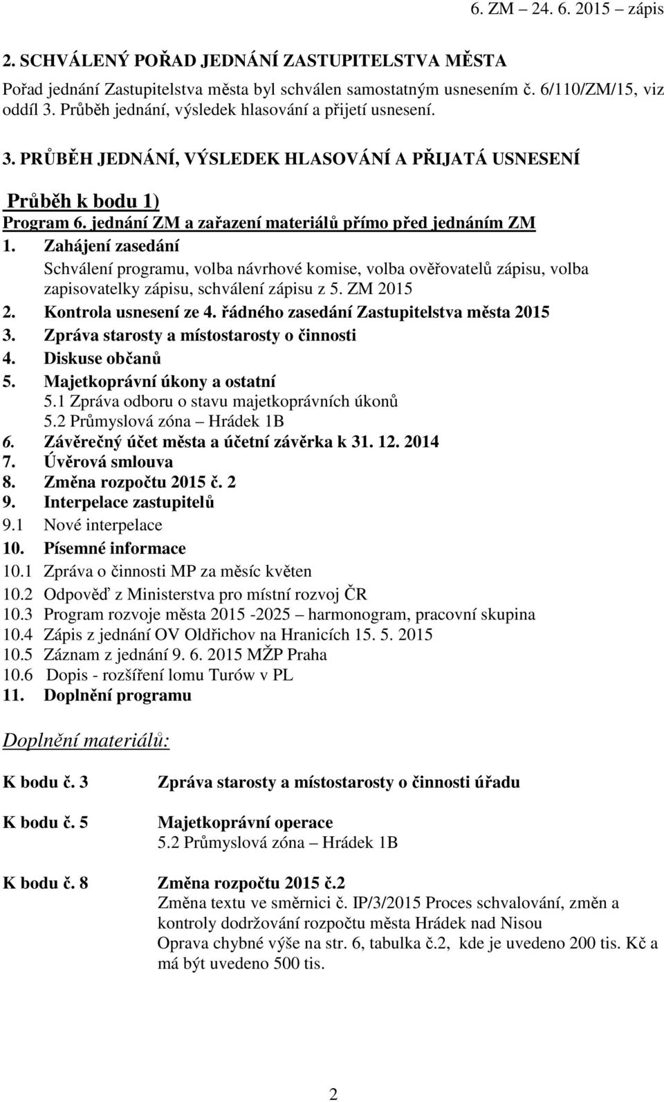 Zahájení zasedání Schválení programu, volba návrhové komise, volba ověřovatelů zápisu, volba zapisovatelky zápisu, schválení zápisu z 5. ZM 2015 2. Kontrola usnesení ze 4.