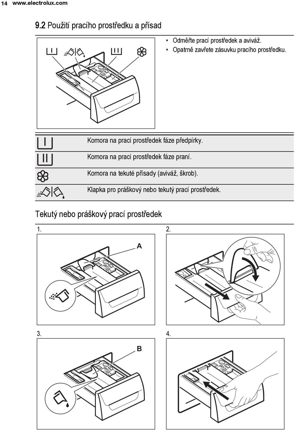 Opatrně zavřete zásuvku pracího prostředku. Komora na prací prostředek fáze předpírky.