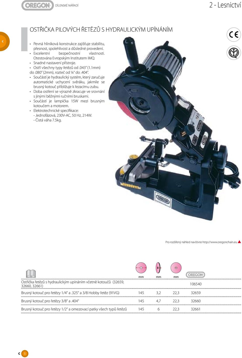 Součástí je hydraulický systém, který zaručuje automatické uchycení svěráku, jakmile se brusný kotouč přibližuje k řezacímu zubu.